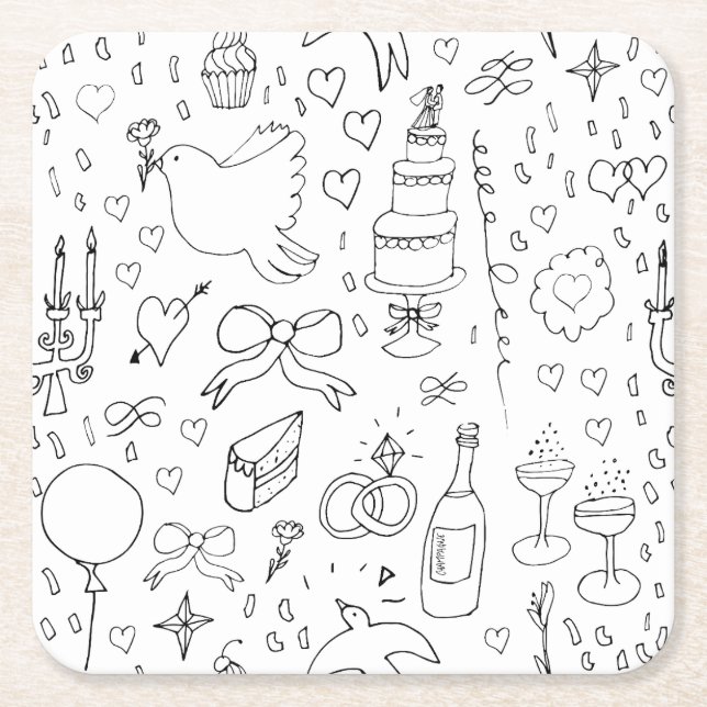 Posavasos Cuadrado De Papel Boda de Ilustraciones Doodle en blanco y negro (Anverso)