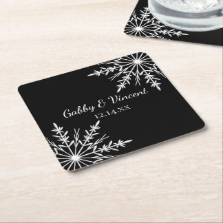Posavasos Cuadrado De Papel Boda de invierno de copos de nieve negros y blanco