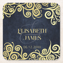 Posavasos Cuadrado De Papel Boda De Invierno De Lujo Azul Y Oro Floreciente