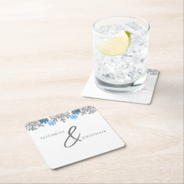 Posavasos Cuadrado De Papel Boda de Invierno Silver Blue Snowflakes