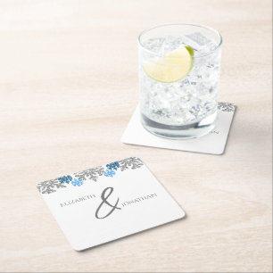 Posavasos Cuadrado De Papel Boda de Invierno Silver Blue Snowflakes