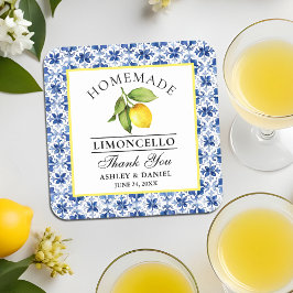 Posavasos Cuadrado De Papel Boda de Limoncello de Baldosa Azul Acuarela