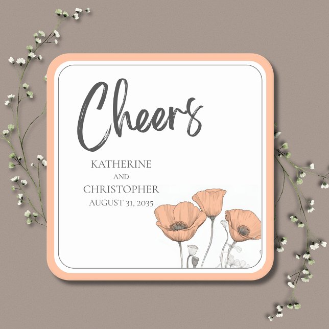 Posavasos Cuadrado De Papel Boda de los Cachorros Florales de Manzana (Cheers Peach Poppies Paper Wedding Coaster is Modern & Elegant to coordinate with your wedding decor)