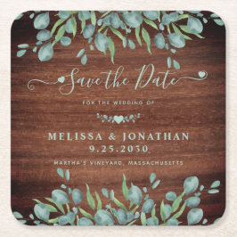 Posavasos Cuadrado De Papel Boda De Madera Rústica Eucalyptus Salva La Fecha