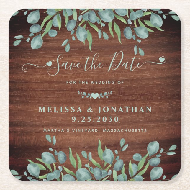 Posavasos Cuadrado De Papel Boda De Madera Rústica Eucalyptus Salva La Fecha (Anverso)