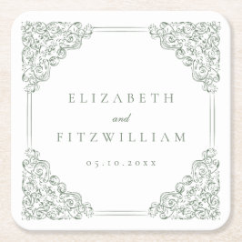 Posavasos Cuadrado De Papel Boda de marco de color verde oscuro de vintage