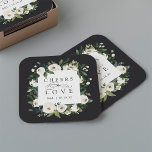 Posavasos Cuadrado De Papel Boda de marco floral de Peony Blanco "Salud para a<br><div class="desc">Nuestra colección de bodas florales en acuarela de color White Peony presenta una vegetación acuática delicadamente pintada, follaje botánico verde y flores de marfil y blanco. "Saludos al amor" aparece en letras clásicas con acentos caligráficos. Personalice estas servilletas de cóctel con sus iniciales y fecha de boda, o su elección...</div>
