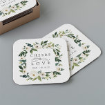 Posavasos Cuadrado De Papel Boda de marco floral de Peony Blanco "Salud para a<br><div class="desc">Nuestra colección de bodas florales en acuarela de color White Peony presenta una vegetación acuática delicadamente pintada, follaje botánico verde y flores de marfil y blanco. "Saludos al amor" aparece en letras clásicas con acentos caligráficos. Personalice estas servilletas de cóctel con sus iniciales y fecha de boda, o su elección...</div>