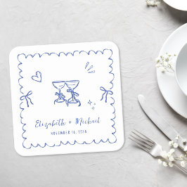 Posavasos Cuadrado De Papel Boda de Marco Ondulado Azul Caprichoso