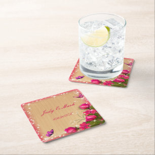 Posavasos Cuadrado De Papel Boda de mariposa floral rosada de madera de estilo