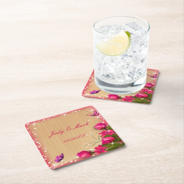 Posavasos Cuadrado De Papel Boda de mariposa floral rosada de madera de estilo (In situ)
