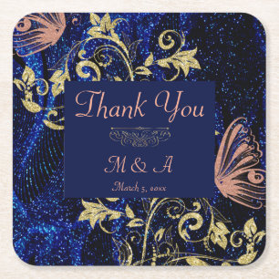 Posavasos Cuadrado De Papel Boda de mariposa Royal Blue Gold