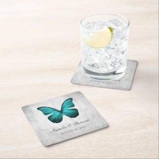 Posavasos Cuadrado De Papel Boda de mariposa verde azulada
