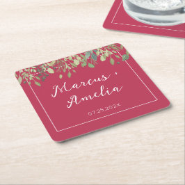 Posavasos Cuadrado De Papel Boda de moda magenta y eucalipto