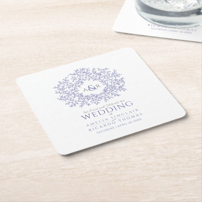 Posavasos Cuadrado De Papel Boda de monograma de dibujo de hoja circular muy p (En perspectiva)