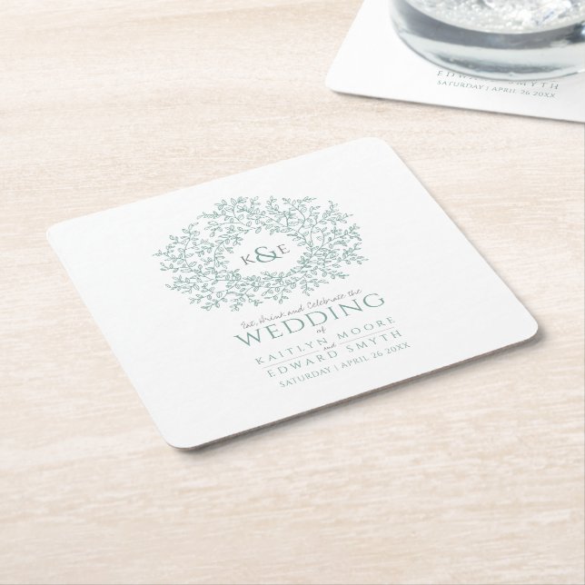Posavasos Cuadrado De Papel Boda de monograma de dibujo de hoja de círculo ver (En perspectiva)