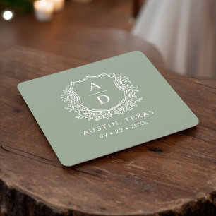 Posavasos Cuadrado De Papel Boda de monograma moderno Escudo verde sabio