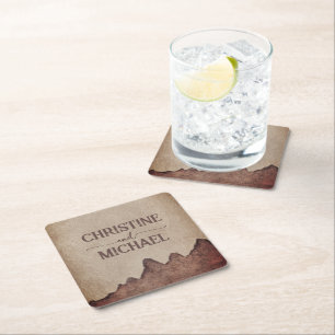 Posavasos Cuadrado De Papel Boda de montaña marrón de papel rústico vintage