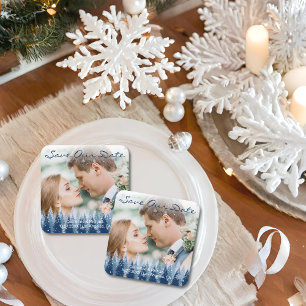 Posavasos Cuadrado De Papel Boda de Navidades de Pino Blue Winter Wonderland