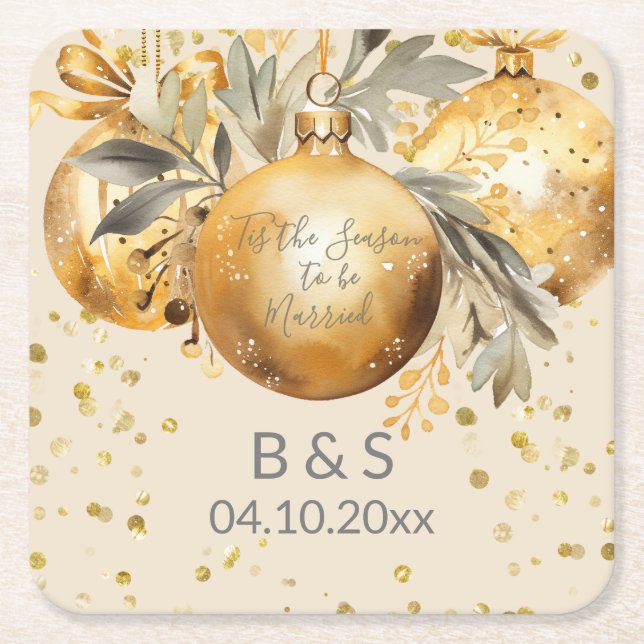 Posavasos Cuadrado De Papel Boda de Navidades Gold Beige (Anverso)
