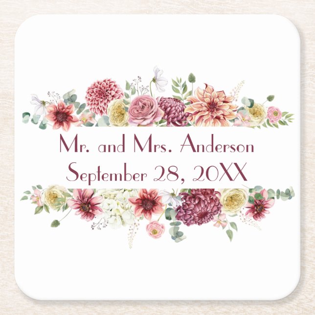 Posavasos Cuadrado De Papel Boda de nombres personalizados de floral blanca ro (Anverso)
