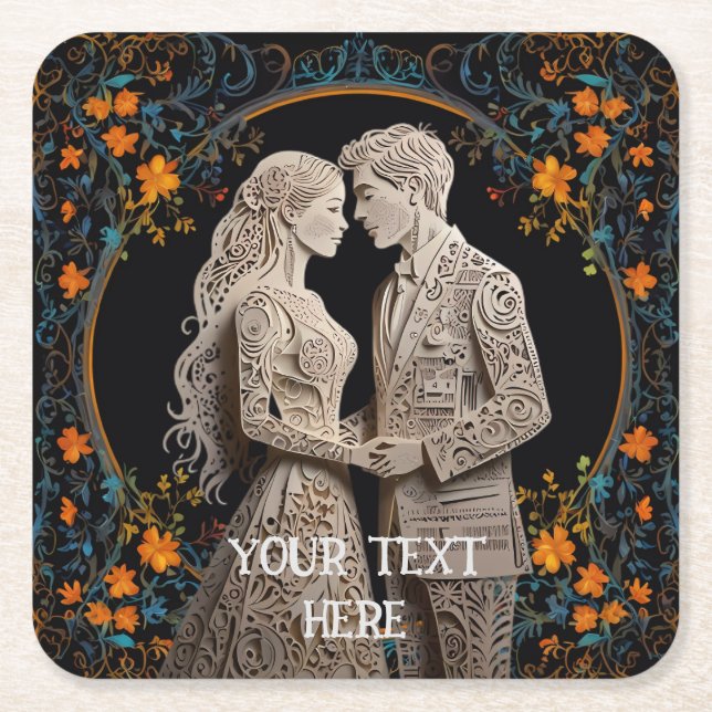 Posavasos Cuadrado De Papel Boda de novias y novias personalizado (Anverso)