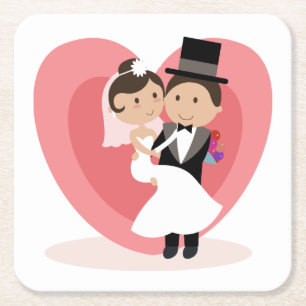 Posavasos Cuadrado De Papel Boda de novios y novias de dibujos animados