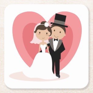 Posavasos Cuadrado De Papel Boda de novios y novias de dibujos animados
