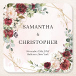 Posavasos Cuadrado De Papel Boda de oro de color rosa rojo profundo<br><div class="desc">Sumérjase en un mundo de elegancia inigualable con los encantadores Rosas de Rubor Borgoña, Eucalyptus y la colección de Stationery Boda Gold Frame. Desde los delicados rosas burdeos que simbolizan el amor y la pasión hasta las hojas de eucalipto frescas que exudan una sensación de tranquilidad, cada detalle de esta...</div>