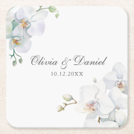 Posavasos Cuadrado De Papel Boda de orquídea blanca elegante moderna