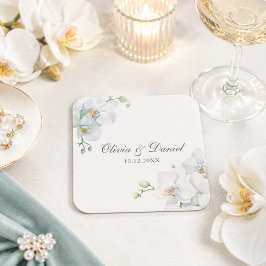 Posavasos Cuadrado De Papel Boda de orquídea blanca elegante moderna
