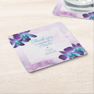 Posavasos Cuadrado De Papel Boda de orquídeas de color azul turquesa