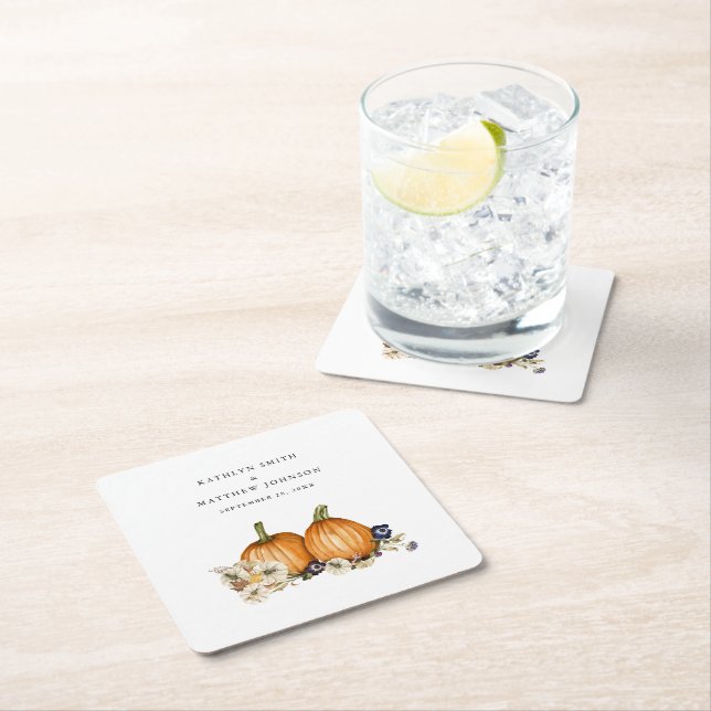 Posavasos Cuadrado De Papel Boda de otoño de calabaza botánica rústica (In situ)