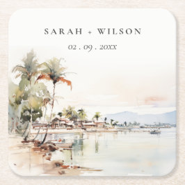Posavasos Cuadrado De Papel Boda de paisaje de acuarela en Montego Bay Jamaica
