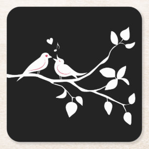Posavasos Cuadrado De Papel Boda de pájaros de amor en blanco y negro, Despedi