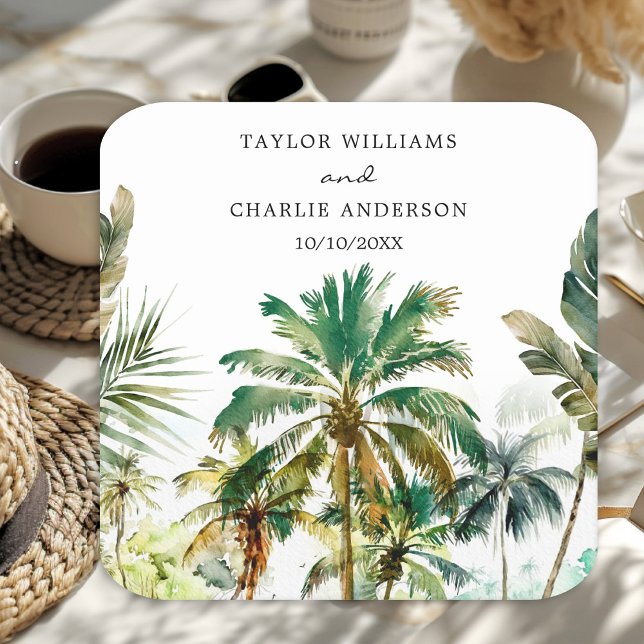 Posavasos Cuadrado De Papel Boda de Palm Trees Tropicales (Subido por el creador)