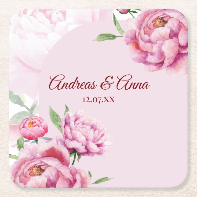 Posavasos Cuadrado De Papel Boda de Peonía (Anverso)