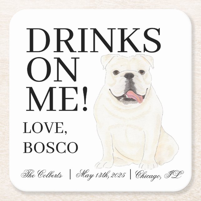 Posavasos Cuadrado De Papel Boda de perro de Bulldog blanco inglés (Anverso)
