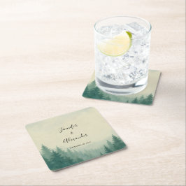 Posavasos Cuadrado De Papel Boda de pinos de acuarela rústica