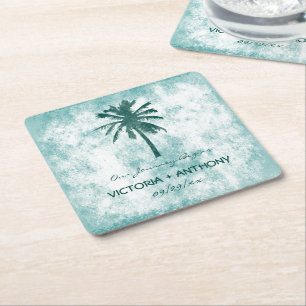Posavasos Cuadrado De Papel Boda de Playa Tropical Palm Tree