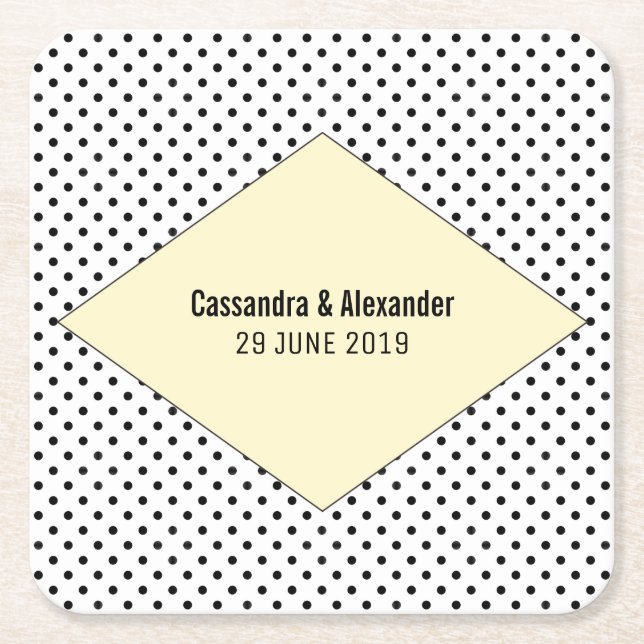 Posavasos Cuadrado De Papel Boda de puntos de polka amarillo moderno (Anverso)