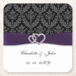 Posavasos Cuadrado De Papel Boda de Purple Damask Diamante