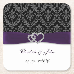 Posavasos Cuadrado De Papel Boda de Purple Damask Diamante