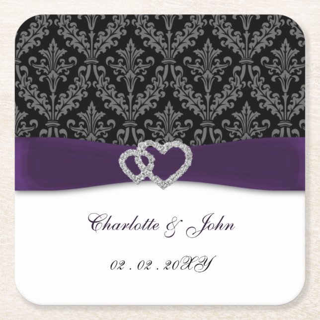 Posavasos Cuadrado De Papel Boda de Purple Damask Diamante (Anverso)