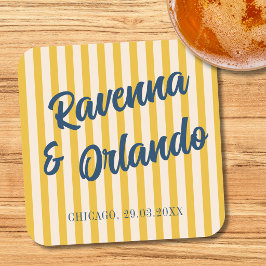 Posavasos Cuadrado De Papel Boda de rayas melocotón discreto azul medianoche r