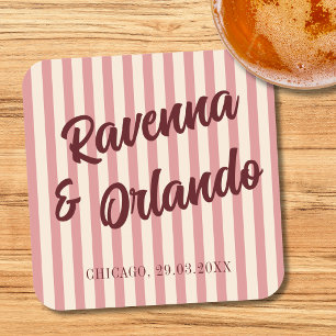 Posavasos Cuadrado De Papel Boda de rayas rosadas retro de Borgoña