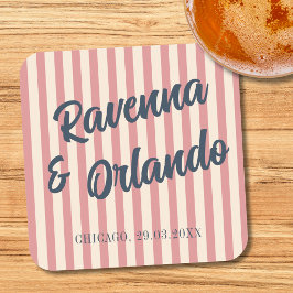 Posavasos Cuadrado De Papel Boda de rayas rosadas y azul marino retro