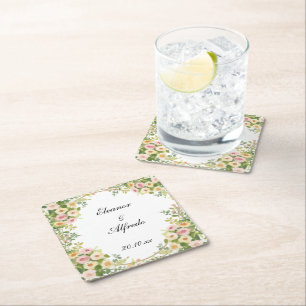 Posavasos Cuadrado De Papel Boda de Rosa Acuarela