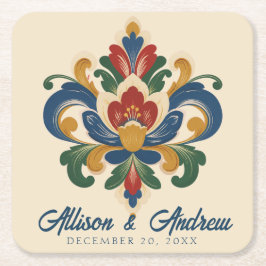 Posavasos Cuadrado De Papel Boda de Rosemaling noruego