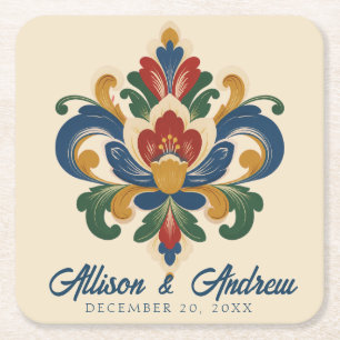 Posavasos Cuadrado De Papel Boda de Rosemaling noruego